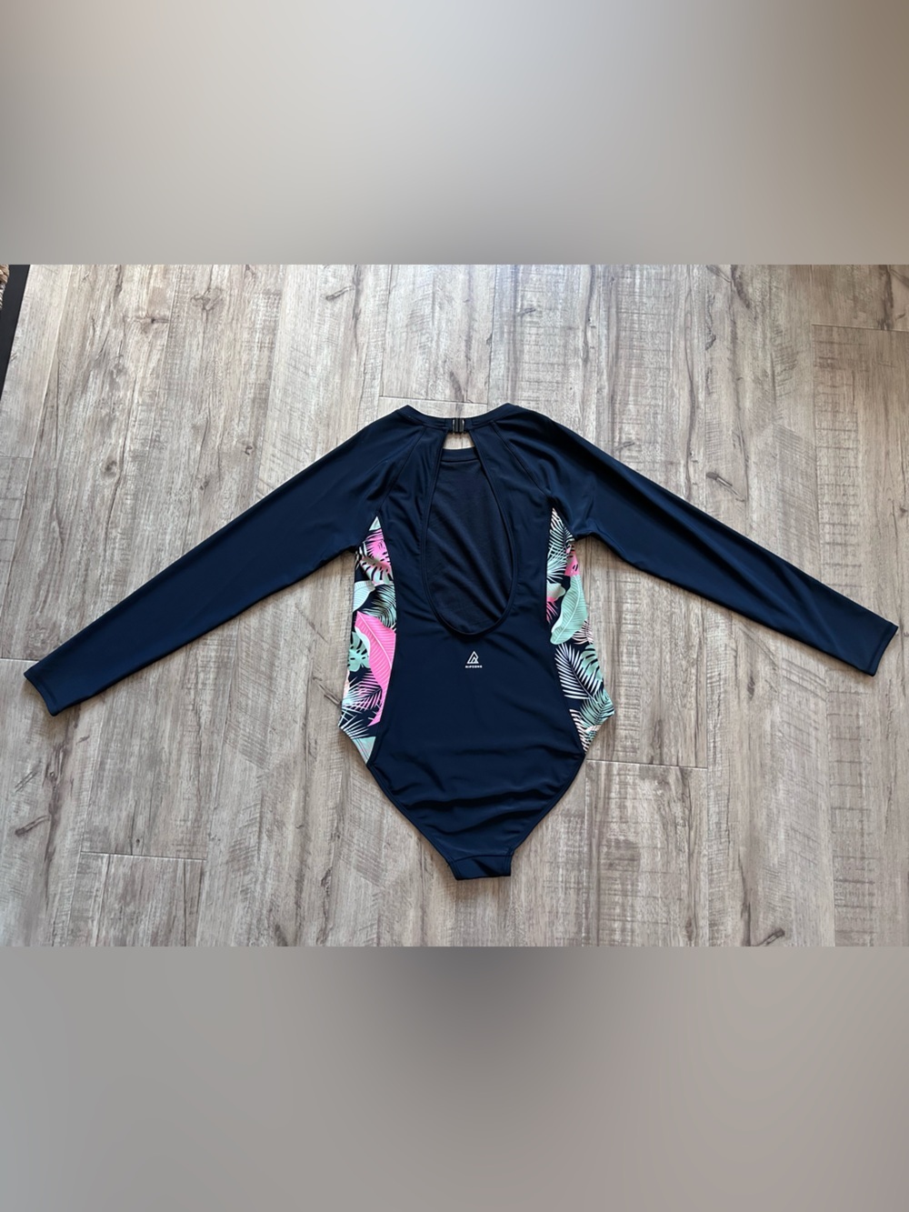 Black Long Sleeve One-Piece Swimsuit with Tropical Side Panels scoop back modest - Picture 3 of 8